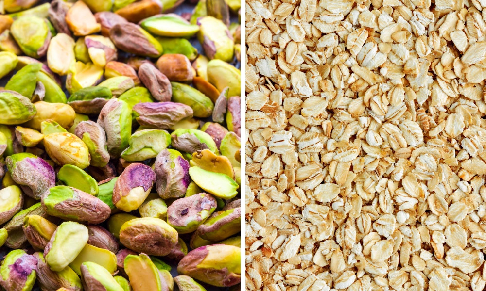 Alt: Nguyên liệu làm sữa hạt dẻ cười yến mạch gồm hạt dẻ cười đã tách vỏ, yến mạch và nước lọc được đặt trên bàn gỗ, sẵn sàng cho quá trình chế biến.