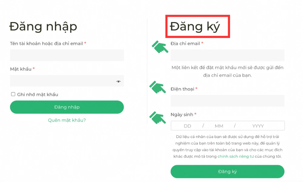 Điền Gmail, số điện thoại và ngày sinh