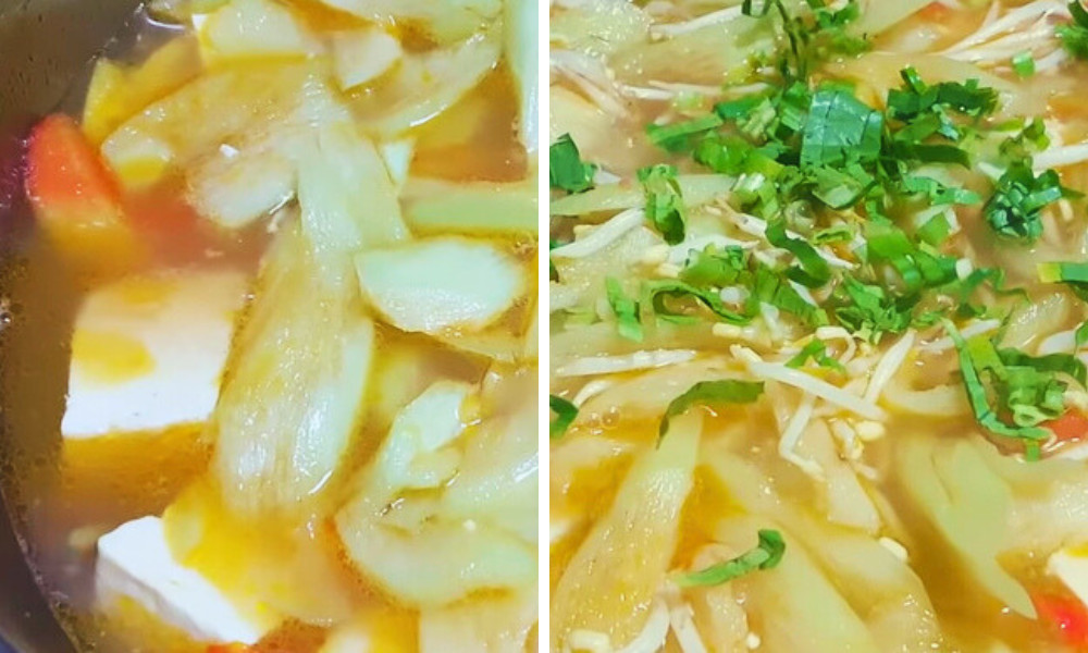 Thực hiện nấu canh chua chay cùng bạc hà